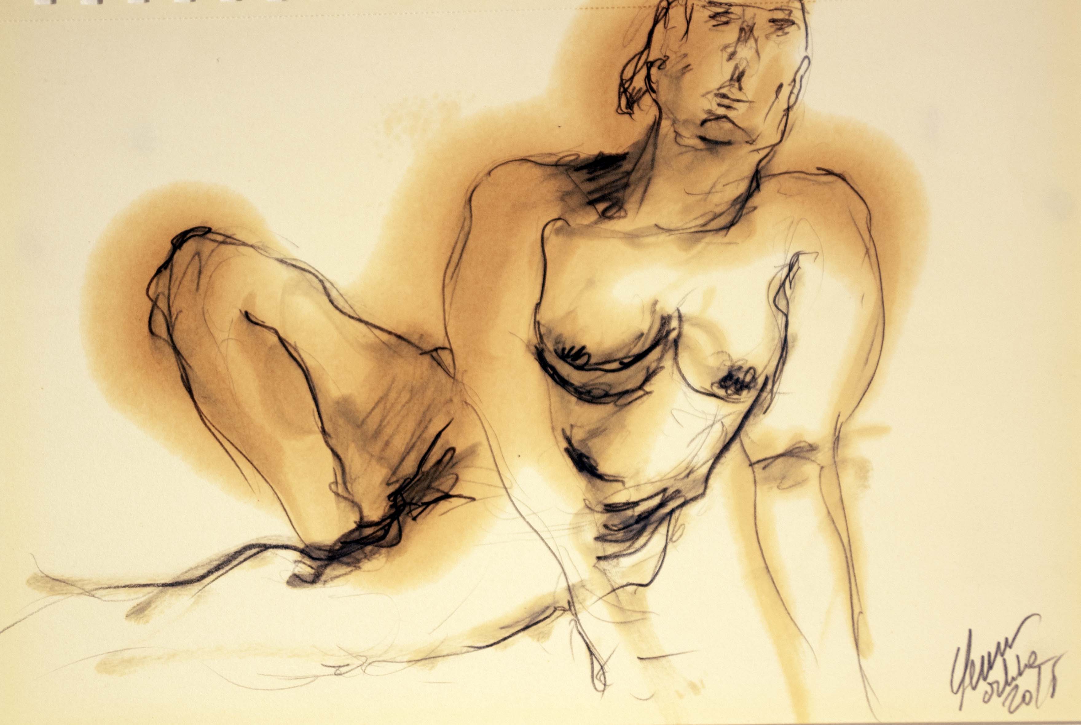 Dona grassa de cara — Grafit i oli de llinosa sobre paper